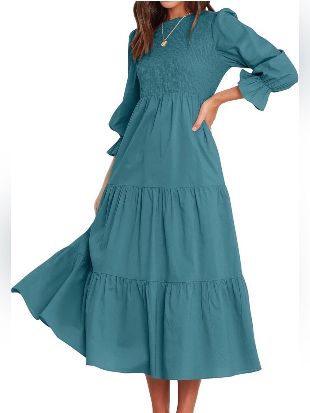 BTFBM Women Casual Long Sleeve Crew Neck Fall Dress in Teal - Picture 2 of 7